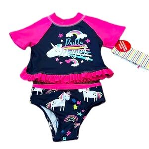 Wippette Infant Girls Pink & Blue Unicorn Rash Guard 2pc Swim Suit 18M NEW